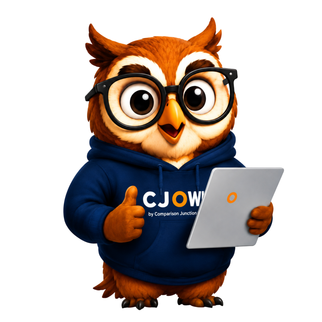 CJ OWL mascot with a laptop